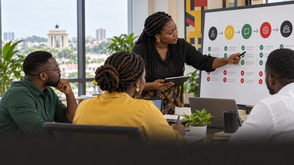 A Ghanaian customer-operations team applying a clear dos-and-donts checklist to a live service journey without customer data on display