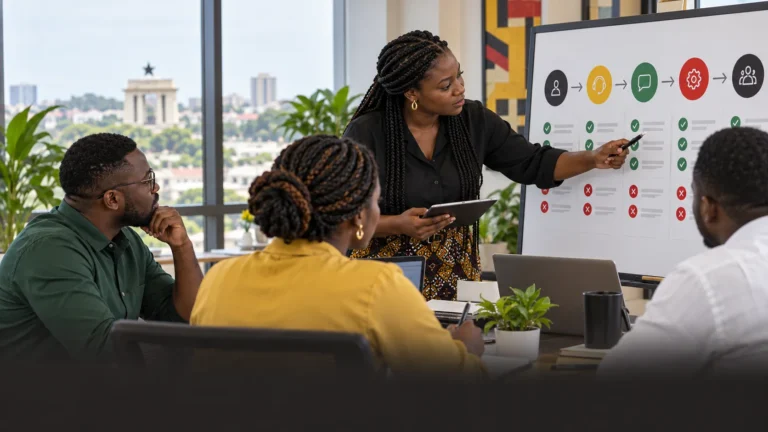 A Ghanaian customer-operations team applying a clear dos-and-donts checklist to a live service journey without customer data on display