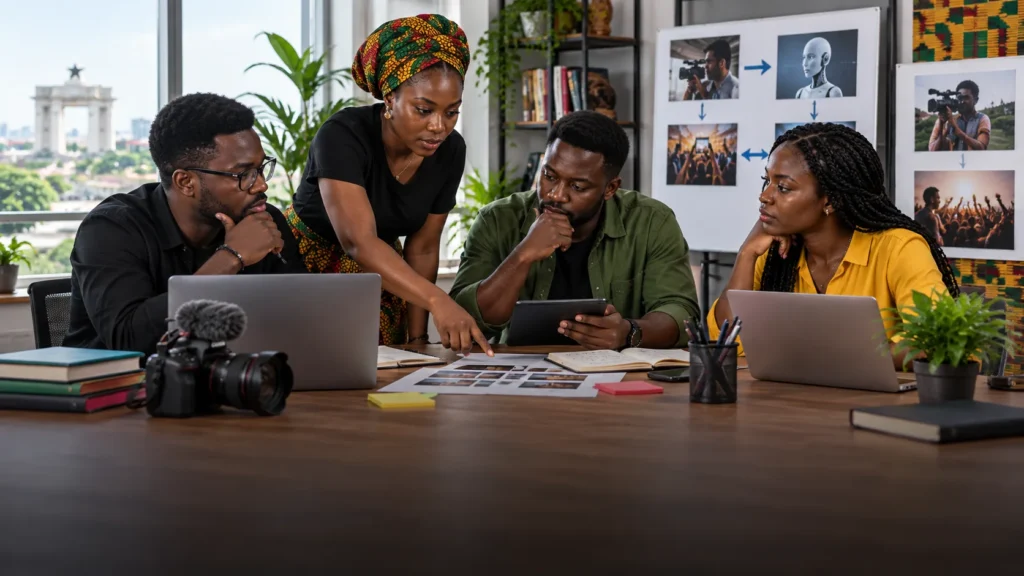 A Ghanaian editorial team comparing current content production with cautious future scenarios for artificial intelligence, video and audience participation