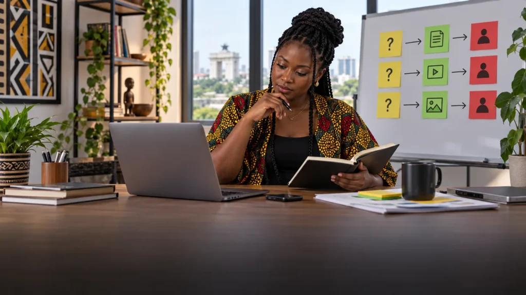 A Ghanaian content strategist connecting buyer questions, useful content formats and qualified acquisition outcomes across a journey
