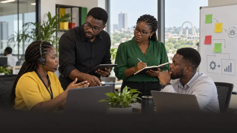 A Ghanaian customer-support team resolving a service issue and feeding the recurring cause back to product and operations