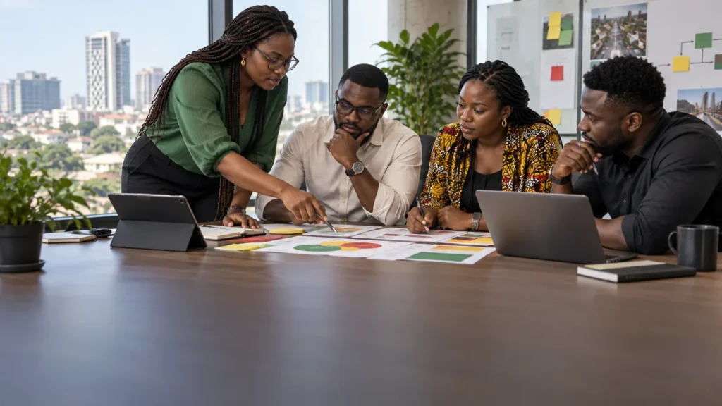 A Ghanaian growth team reviewing a bold but unbranded acquisition experiment against customer, commercial and risk guardrails
