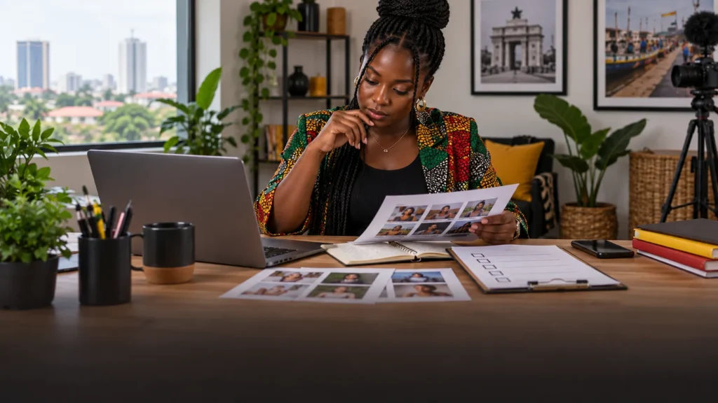 A Ghanaian creator and strategist reviewing a focused portfolio, audience notes and commercial disclosure checklist in a compact studio