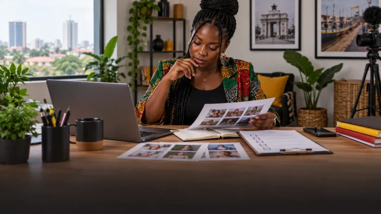 A Ghanaian creator and strategist reviewing a focused portfolio, audience notes and commercial disclosure checklist in a compact studio