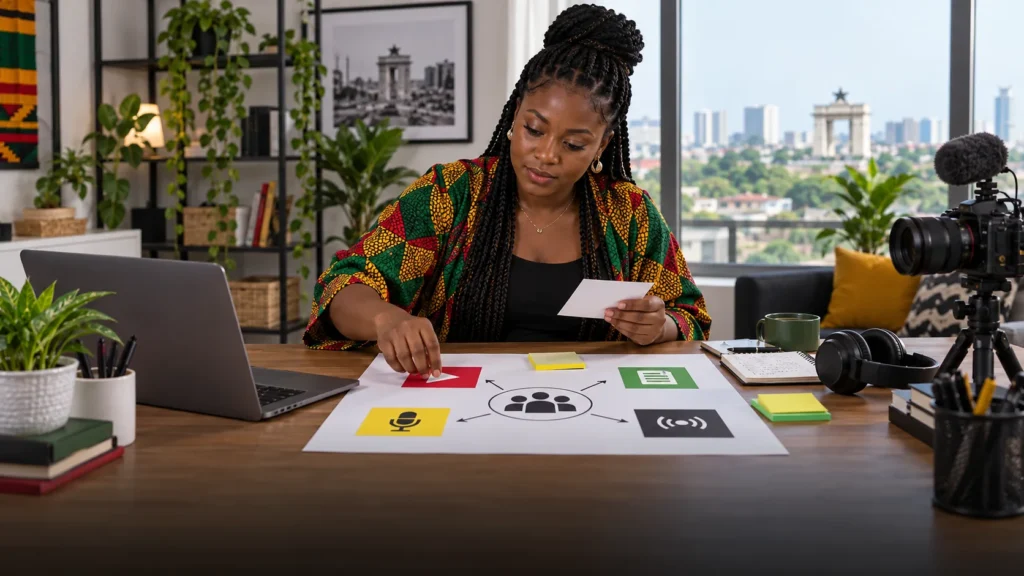 A Ghanaian creator arranging video, audio, article and live-session formats around one clear audience theme