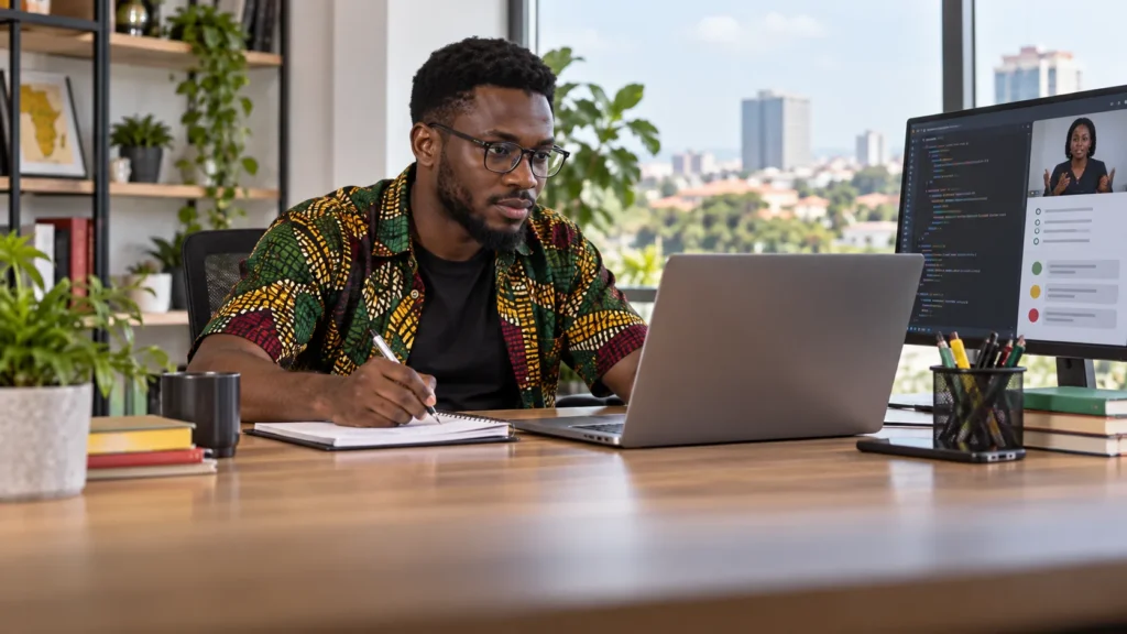 A Ghanaian software developer planning a focused online lesson with code examples, exercises and learner feedback notes