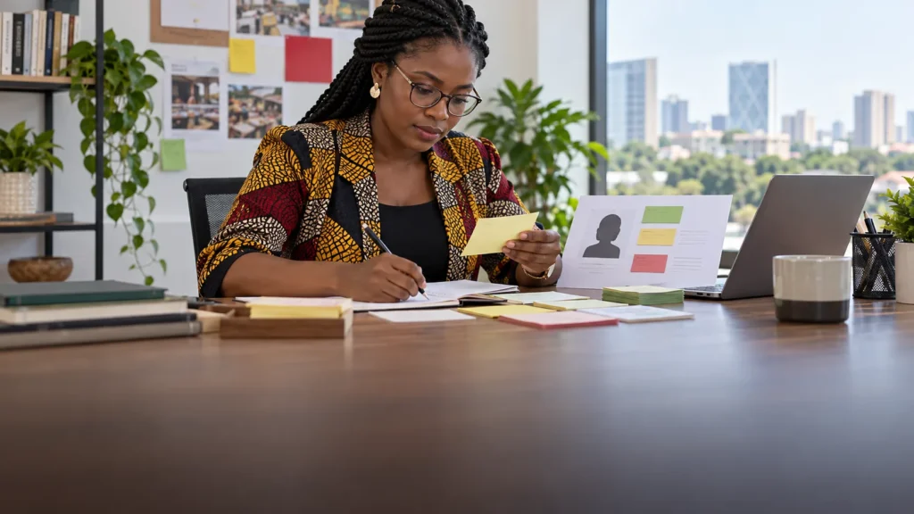 A Ghanaian researcher grouping interview notes and anonymised behaviour evidence into a practical customer persona without stock portraits