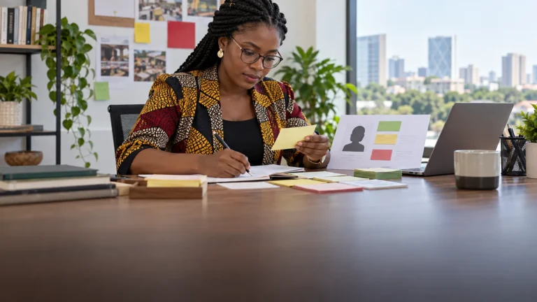 A Ghanaian researcher grouping interview notes and anonymised behaviour evidence into a practical customer persona without stock portraits