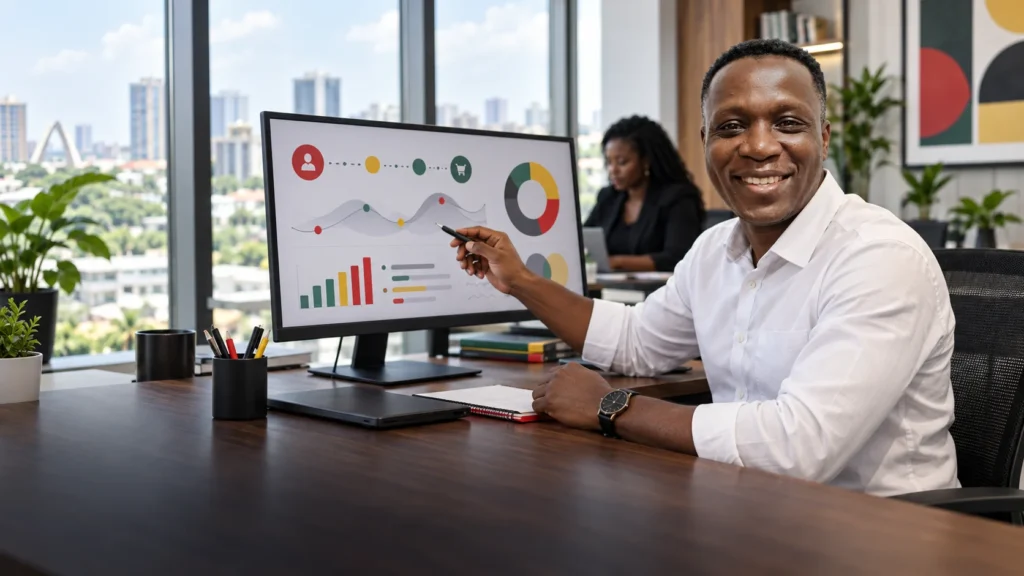 GWO SEVO employee reviewing an anonymous customer journey analysis in an Accra office