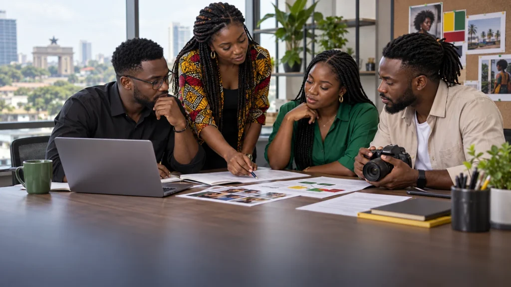 A Ghanaian brand team and creator reviewing an accurate campaign brief, disclosure, content rights and conversion path