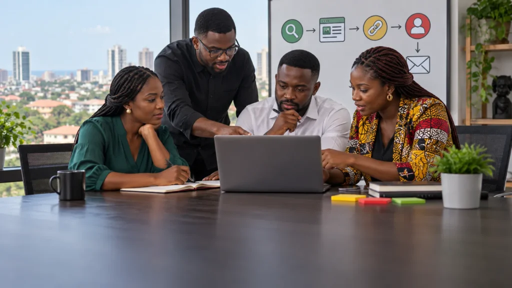 A Ghanaian SEO and commercial team connecting a search question, helpful page, internal links and enquiry path on a website plan
