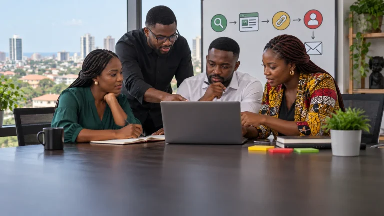 A Ghanaian SEO and commercial team connecting a search question, helpful page, internal links and enquiry path on a website plan