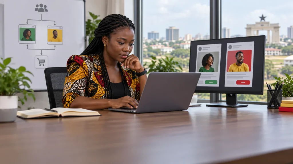 A Ghanaian paid-media specialist setting a controlled social advertising experiment with two creative variants and a clear conversion path