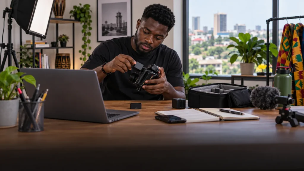A Ghanaian creator solving a practical production constraint with a modest studio, backup plan and clear publishing schedule