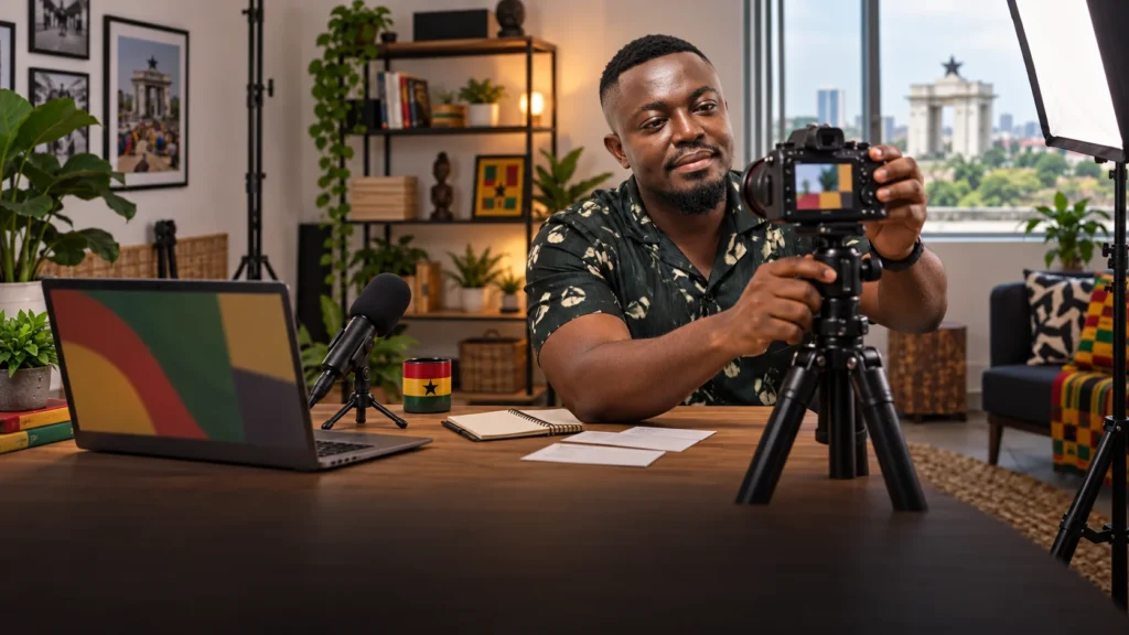 GWO SEVO employee setting up a camera in a compact creator studio in Accra