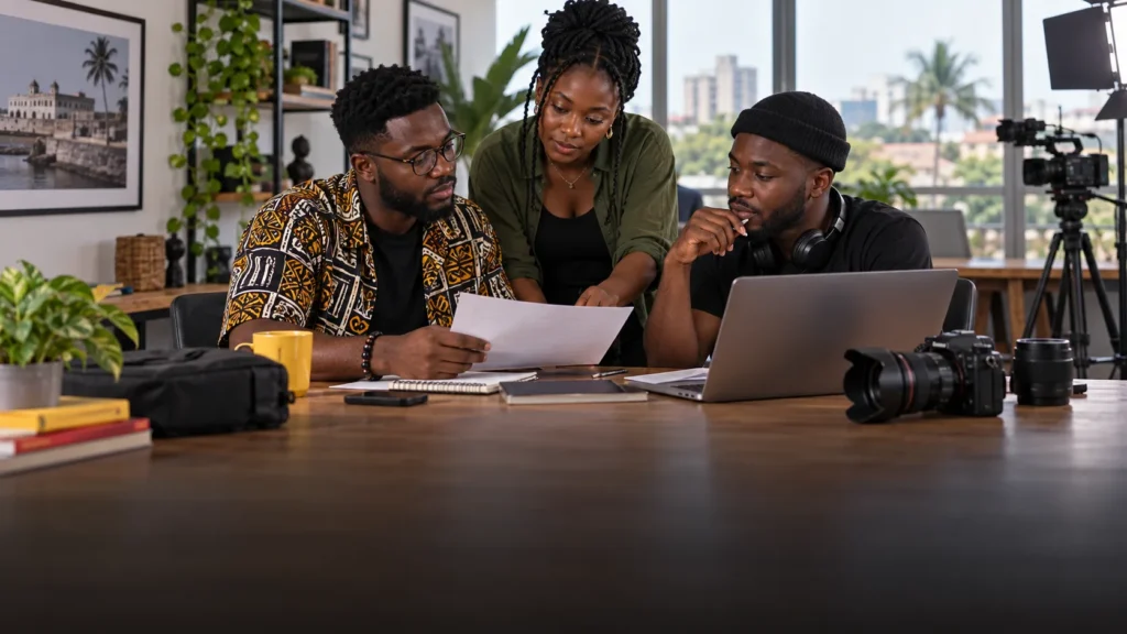 A Ghanaian photographer, writer and video producer reviewing a modest collaboration brief together in a shared creative workspace