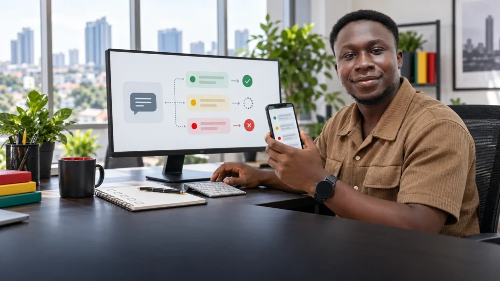 GWO SEVO employee testing a bulk SMS workflow on a phone and desktop monitor