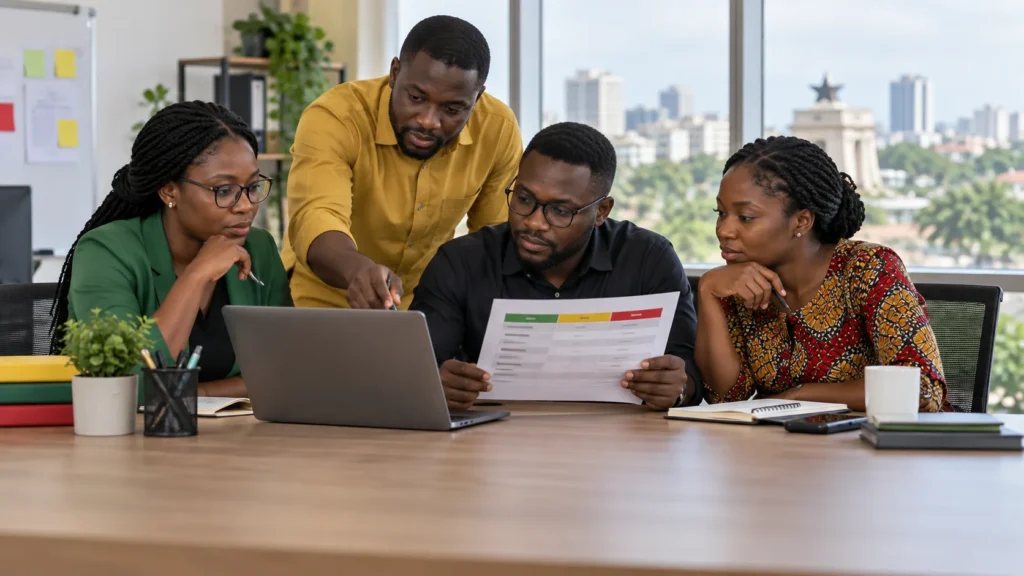 A Ghanaian procurement, messaging and technical team comparing NALO Solutions and TXT Connect with the same neutral test matrix and no visible logos