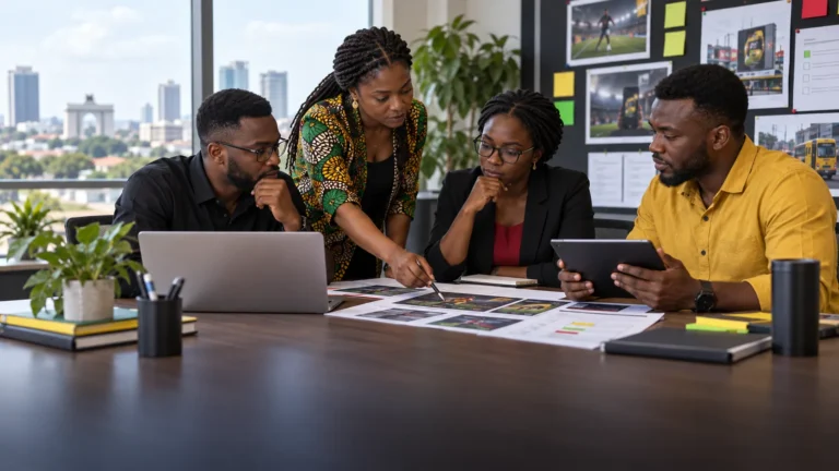 A Ghanaian compliance and media team reviewing sports-betting advertising placements, age safeguards and approval records without betting slips or glamour