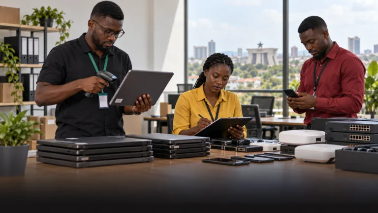 A Ghanaian security and operations team inventorying laptops, phones and connected access devices across their business lifecycle