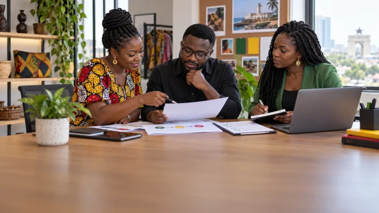A Ghanaian merchant, creator and programme operator reviewing an affiliate agreement, referral path and validation checklist without money imagery