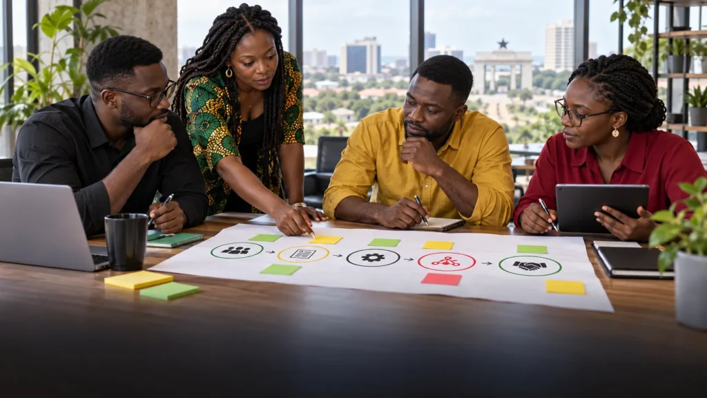 A Ghanaian business team mapping how audience trust, content, technology, distribution and partner contribution combine into a responsible digital value chain