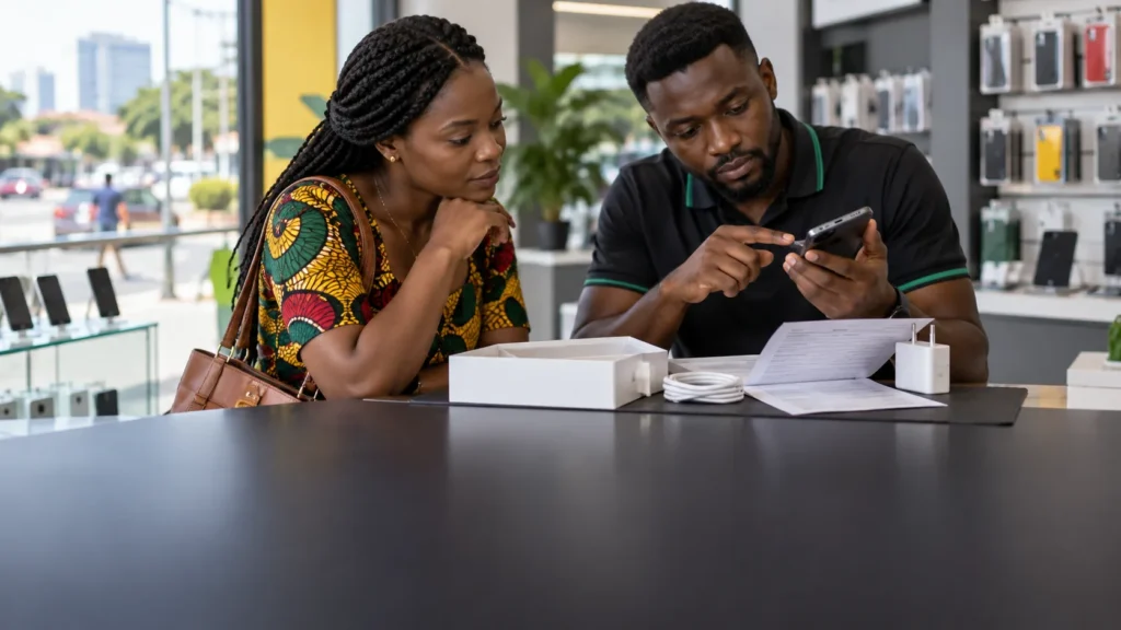 A Ghanaian buyer and a technician checking an unbranded smartphone model number, battery, ports and warranty paperwork at a clean retail counter