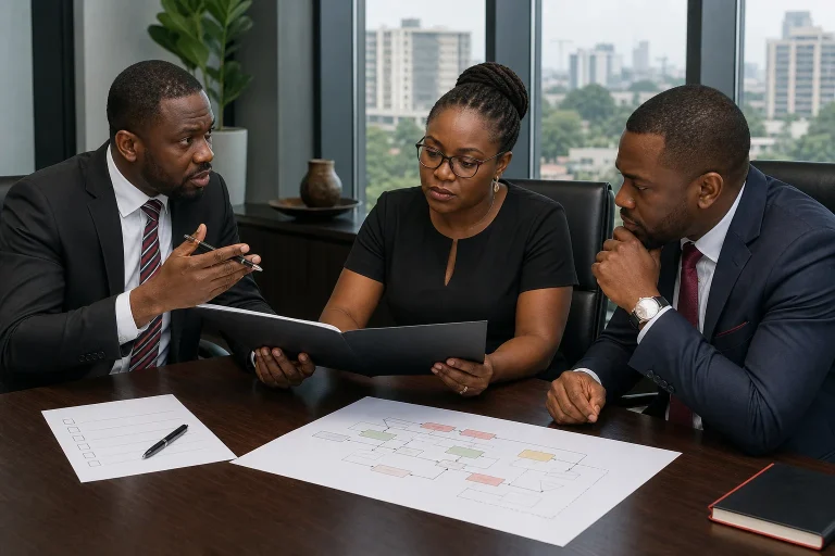 Ghanaian business leaders reviewing a lead generation provider’s proposal, checklist and CRM workflow.