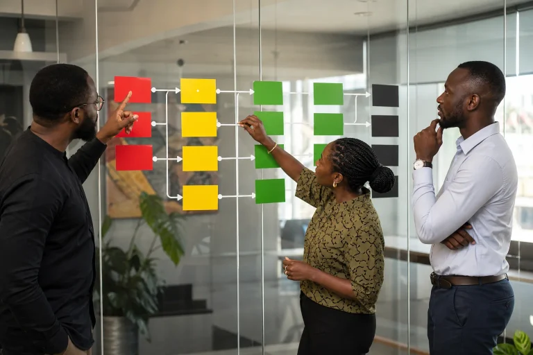 Ghanaian commercial leaders mapping customer acquisition, onboarding and retention on a glass planning wall.